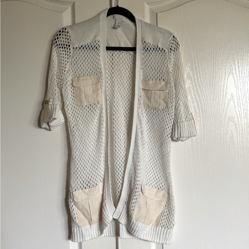 Chico’s white open knit net cardigan pockets size  1 medium